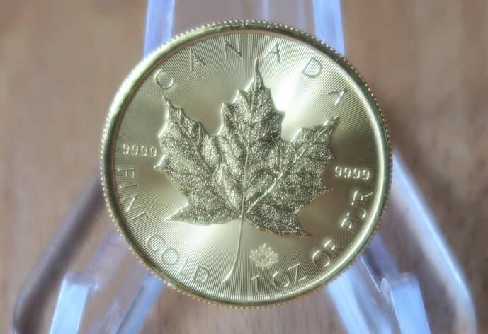 An Image of a 2020 Gold Maple Leaf coin from the Royal Canadian Mint.