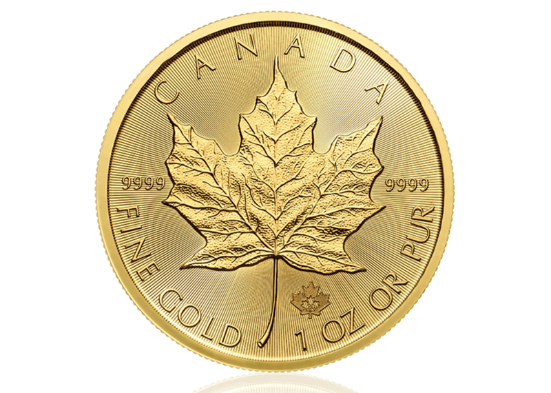 A one ounce gold maple leaf from the Royal Canadian Maple Leaf